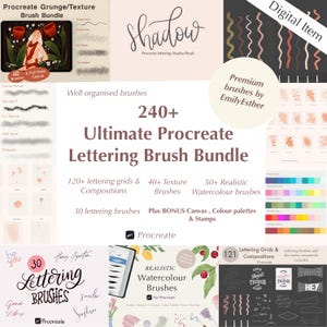 May include: A digital product bundle for Procreate featuring 240+ lettering brushes, 120+ lettering grids and compositions, 40+ texture brushes, 50+ realistic watercolor brushes, plus bonus canvases, color palettes and stamps. The bundle includes a variety of brush styles, including grunge, texture, shadow, and realistic watercolor.