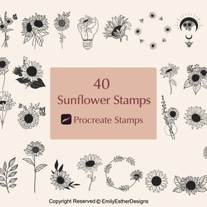 40 sellos de girasol para Procreate, juego de pinceles de girasol para Procreate, flores para Procreate, sellos de tatuajes de girasol, sellos para uso comercial