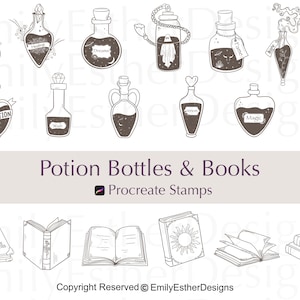 Potion bottles and books procreate stamps, procreate potion bottles, procreate book stamps, procreate mystic stamps, procreate stampset