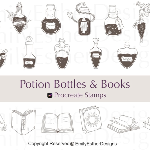 Potion Bottles and Books Procreate Stamps | Procreate Potion bottles | Procreate Book Stamps | Procreate mystic stamps | Procreate Stampset