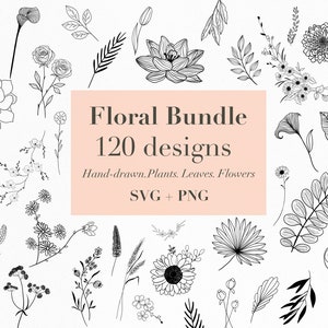 Floral Bundle Svg |120 Hand-drawn floral svg designs | flowers svg | plants svg | leaves svg | Floral svg | digital download | flowercutfile