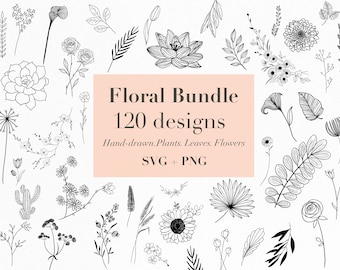 Handritade blommor SVG-paket: 120 blom- och växtdesigner (digital nedladdning)