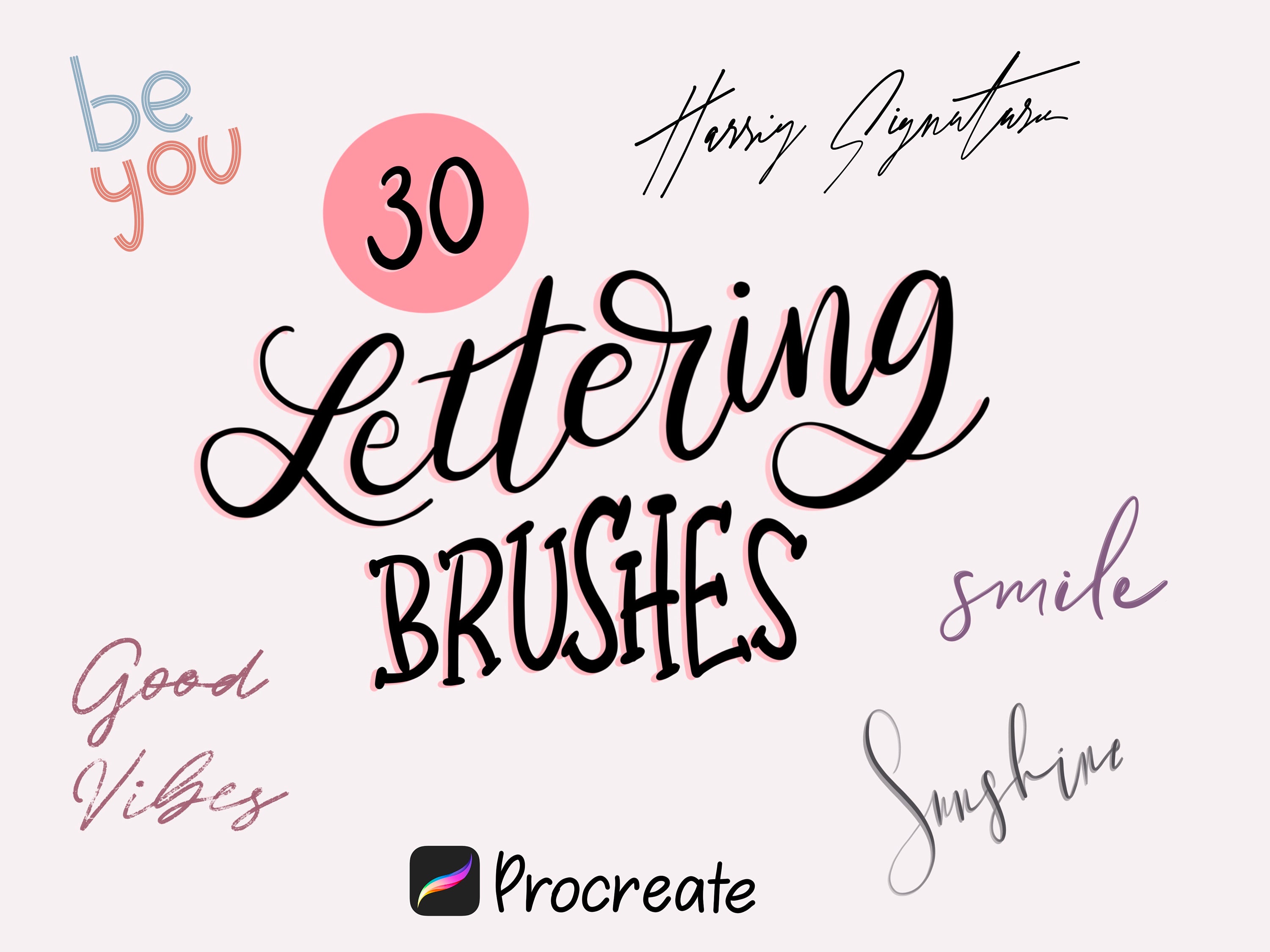 Paquete de 30 pinceles de lettering para Procreate – Contorno, Sombra, Brillo, Neón, Textura y Tinta