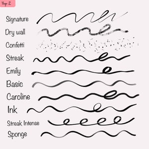K&ouml;nnte beinhalten: Eine Seite aus einem Notizbuch mit verschiedenen Arten von Linien, die in schwarzer und grauer Tinte gezeichnet sind. Die Linien sind mit Namen wie "Signatur", "Trockene Wand", "Konfetti", "Strich", "Emily", "Basic", "Caroline", "Tinte", "Intensiver Strich" und "Schwamm" beschriftet.