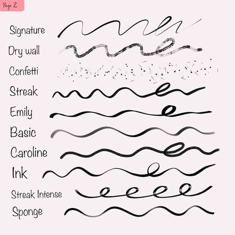 K&ouml;nnte beinhalten: Eine Seite aus einem Notizbuch mit verschiedenen Arten von Linien, die in schwarzer und grauer Tinte gezeichnet sind. Die Linien sind mit Namen wie "Signatur", "Trockene Wand", "Konfetti", "Strich", "Emily", "Basic", "Caroline", "Tinte", "Intensiver Strich" und "Schwamm" beschriftet.