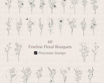 May include: A set of 60 hand-drawn floral bouquets, perfect for use as Procreate stamps. The bouquets are drawn in a fine line style and feature a variety of flowers, leaves, and other botanical elements.