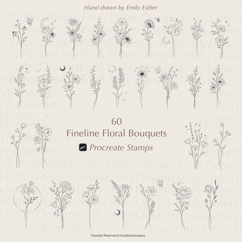 Fine Line Flower Bouquet Procreate Stamps: 60 Floral Brushes (digital ...