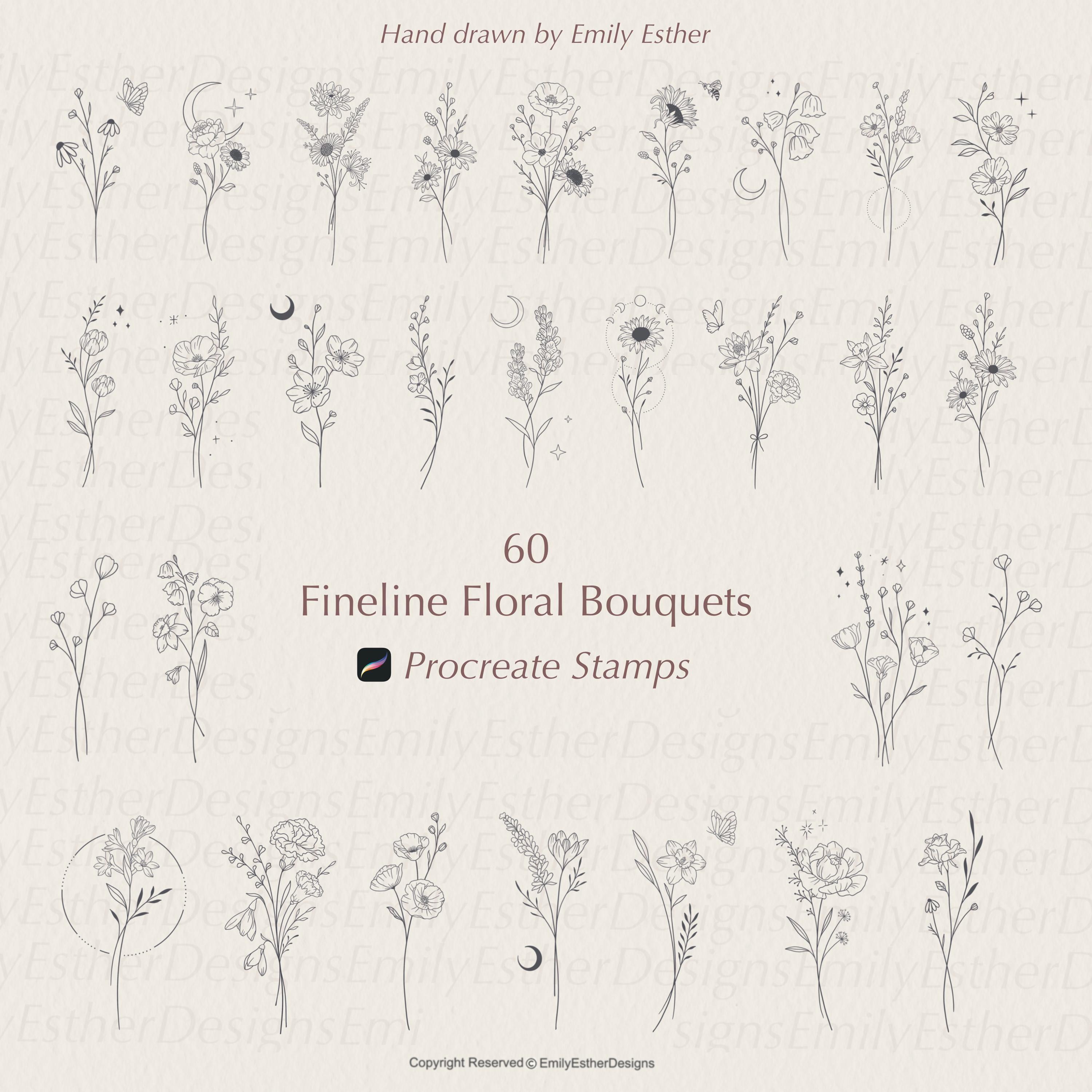 Fine Line Flower Bouquet Procreate Stamps: 60 Floral Brushes (digital ...