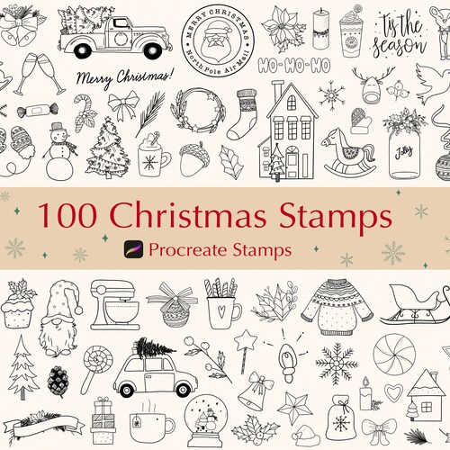 100 Christmas Procreate Stamps Christmas Ornaments Doodle Etsy