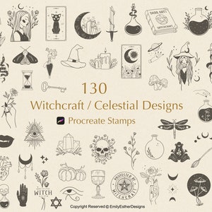 130 witchcraft and celestial procreate stamps, mystic procreate stamps, celestial stamps, boho stamps, witch stamps, procreate magic stamps