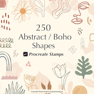 May include: An image showcasing 250 abstract and boho shapes, including floral and geometric designs, in a neutral colour palette. The text "250 Abstract / Boho Shapes" is displayed prominently, along with the Procreate Stamps logo.
