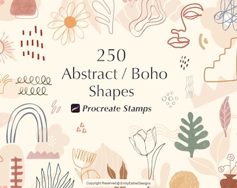 May include: An image featuring a collection of 250 abstract and boho shapes, including floral and geometric designs, in a neutral color palette. The text "250 Abstract / Boho Shapes" is displayed prominently, along with the Procreate Stamps logo.