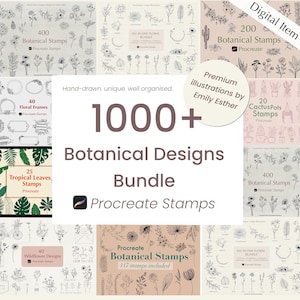 May include: A digital illustration bundle of 1000+ botanical designs for Procreate. The bundle includes 40 floral frames, 25 tropical leaves, 20 cactus pots, 400 botanical stamps, and 200 botanical stamps. The illustrations are hand-drawn, unique, and well-organized.