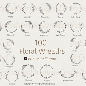 May include: A set of 100 black and white floral wreath illustrations for use as Procreate stamps. The wreaths feature various flowers, including jasmine, poppy, lavender, magnolia, peony, holly berry, dahlia, rose, bluebell, daisy, anemone, wildflower, rose buds, lemon tree, morning glory, cosmos, chamomile, eucalyptus, camellia, tulip, lily, carnation, gladiolus, plumeria, apple blossom, and blue flax.