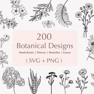 Lot de 200 botaniques svg, svg floral, fleur svg, clipart botanique, clipart fleur, fleurs feuilles et branches svg, usage commercial inclus