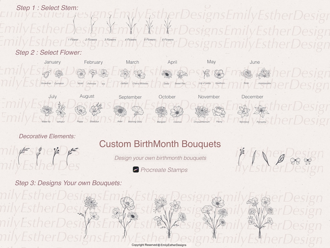 Birth Month Flower Stamps: Procreate Brush Set (25 Flowers) - Etsy