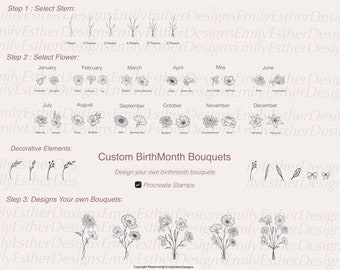May include: A digital illustration guide for creating custom birth month bouquets. The guide includes a selection of stems, flowers, and decorative elements, with each month represented by a different flower. The text "Custom BirthMonth Bouquets" and "Design your own birthmonth bouquets" is included in the image.