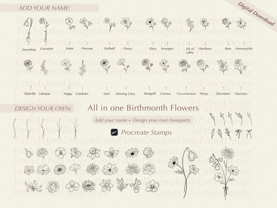Procreate Flower Stamp Set - Birth Month Floral Brushes for Creative Projects