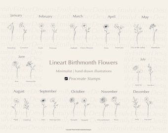 Birth Month Flower Procreate Stamps: Botanical Floral Tattoo (Commercial Use)