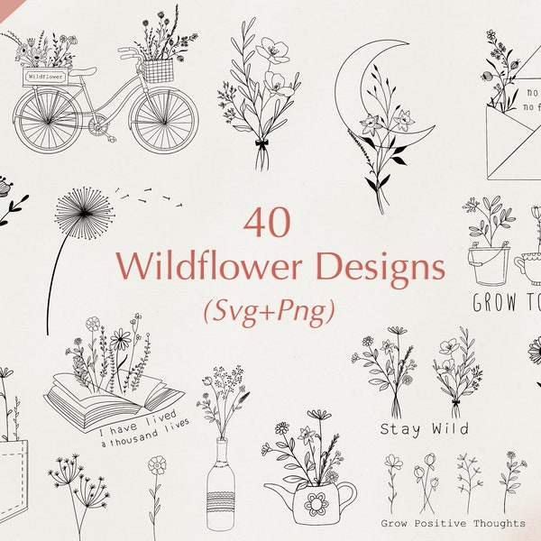 Ensemble SVG fleurs sauvages | 40 Svg floral | Svg de fleurs sauvages | Svg fleur | Svg minimaliste | Fleurs pour cricut | Silhouette | Svg à usage commercial