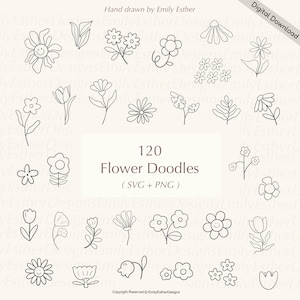 May include: A set of 120 black and white flower doodles, perfect for adding a touch of whimsy to your designs. The doodles are simple and elegant, and they would be perfect for use in scrapbooking, card making, or digital design.