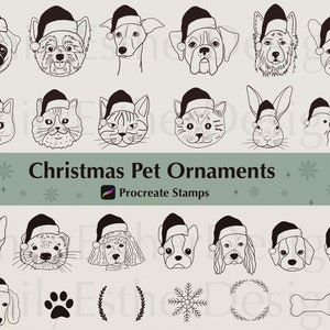 May include: A set of 20 black and white Christmas pet ornament illustrations. The illustrations feature various animals wearing Santa hats, including cats, dogs, a rabbit, and birds. The illustrations are perfect for creating festive crafts and decorations.