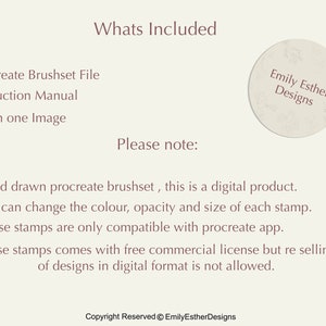 May include: A digital product listing for a Procreate brushset. The listing includes a Procreate brushset file, an instruction manual, and an all-in-one image. The listing also includes information about the product, such as the fact that it is hand-drawn and that it is compatible with the Procreate app. The listing also includes a copyright notice.