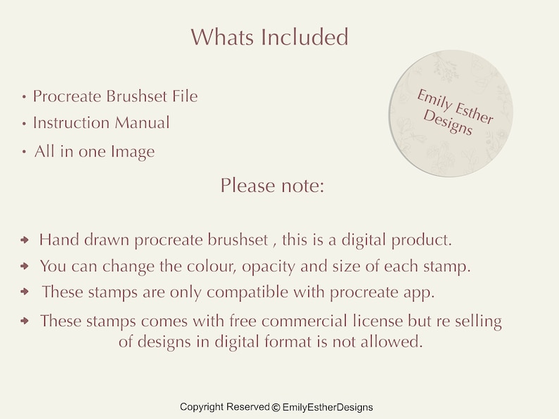 May include: A digital product listing for a Procreate brushset. The listing includes a Procreate brushset file, an instruction manual, and an all-in-one image. The listing also includes information about the product, such as the fact that it is hand-drawn and that it is compatible with the Procreate app. The listing also includes a copyright notice.