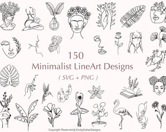 Paquete de 150 imágenes SVG minimalistas de líneas: diseños florales y abstractos (uso comercial)