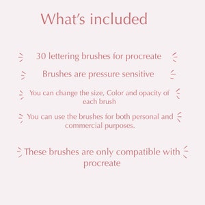 K&ouml;nnte beinhalten: Eine rosa Textgrafik auf wei&szlig;em Hintergrund, die "What's included" sagt und die Funktionen eines Sets von 30 Lettering-Pinseln f&uuml;r Procreate auflistet. Der Text besagt, dass die Pinsel druckempfindlich sind, in der Gr&ouml;&szlig;e angepasst werden k&ouml;nnen und sowohl f&uuml;r private als auch f&uuml;r kommerzielle Zwecke verwendet werden k&ouml;nnen. Der Text besagt auch, dass die Pinsel nur mit Procreate kompatibel sind.