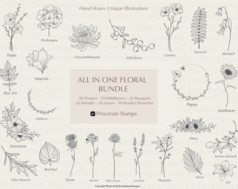 May include: A collection of 50 hand-drawn floral illustrations, including flowers, wildflowers, wreaths, leaves, and borders. The illustrations are in black and white and are perfect for use in digital art and design projects. The text "ALL IN ONE FLORAL BUNDLE" and "Procreate Stamps" is included in the image.