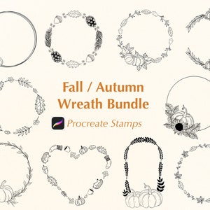 Pode incluir: Um conjunto de 12 carimbos Procreate em preto e branco com guirlandas de outono com abóboras, bolotas, folhas e pinhas. O texto "Fall / Autumn Wreath Bundle" e "Procreate Stamps" está incluído na imagem.