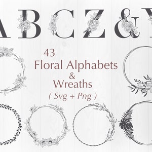 43 floral Alphabete und Kränze svg, handgezeichnete Blumen svg, Kranz svg, Alphabete svg, Blumenhochzeit svg, Cricut, kommerzielle Nutzung inbegriffen