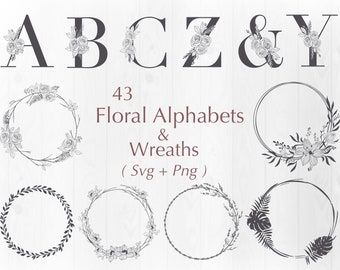 Floral Alphabets & Wreaths SVG: Hand-Drawn Wedding Designs (Commercial Use)