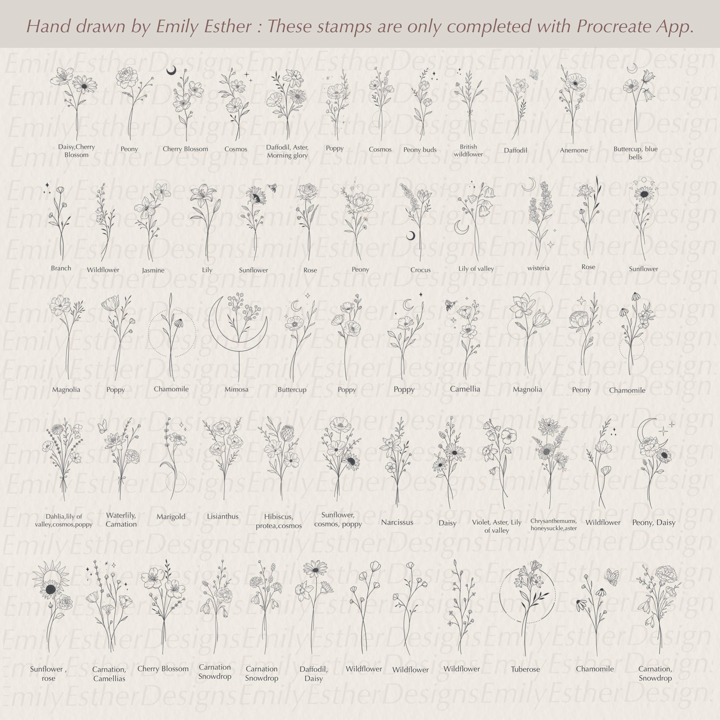 Fine Line Flower Bouquet Procreate Stamps: 60 Floral Brushes (digital ...