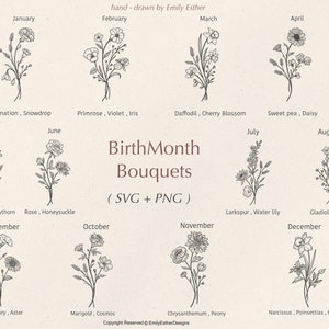 Paquete SVG de mes de nacimiento, ramo de flores SVG, flor de nacimiento SVG, SVG floral, SVG botánico, SVG de rosa, SVG de margarita, SVG de amapola, SVG de cumpleaños