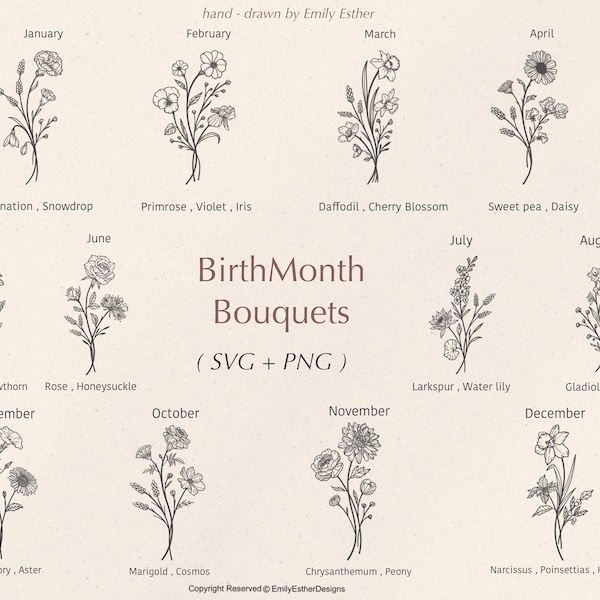 Bundle Svg du mois de naissance | Bouquet de fleurs Svg | Fleur de naissance Svg | SVG floral | SVG botanique | Roses | Marguerite svg | Coquelicot svg | Anniversaire SVG