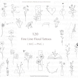 120 fijne lijn bloemen SVG-bundel, bloem, zeer fijne tekeningen, tatoeage, botanisch, roos, zonnebloem, madeliefje, bruiloft SVG-bestanden