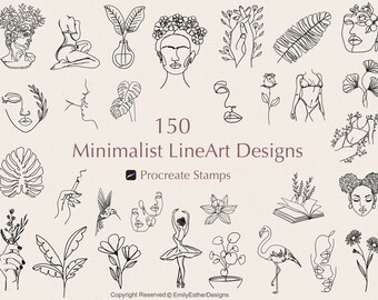 150 Minimalist Line Art Procreate Stamps: Floral & Tattoo