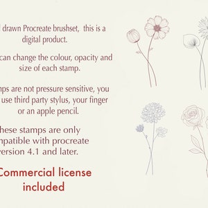 May include: A set of hand-drawn floral stamps for use with the Procreate app. The stamps feature a variety of flowers, including roses, daisies, and wildflowers. The text "Commercial license included" is visible in the image.