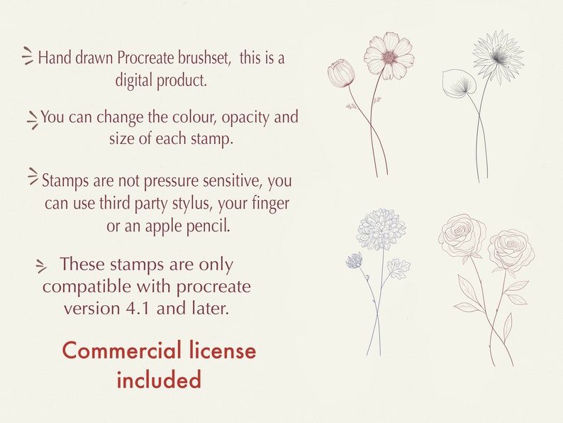 May include: A set of hand-drawn floral stamps for use with the Procreate app. The stamps feature a variety of flowers, including roses, daisies, and wildflowers. The text "Commercial license included" is visible in the image.
