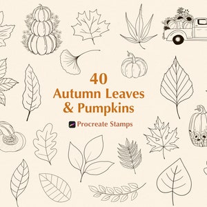 Pode incluir: Ilustração de 40 folhas de outono e abóboras em estilo de linha. A imagem inclui várias formas de folhas, abóboras e uma caminhonete vintage cheia de abóboras. O texto diz "40 Folhas de Outono e Abóboras" e "Procreate Stamps".