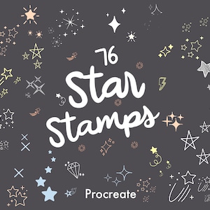 May include: A digital illustration of 76 star stamps for Procreate. The stars are in various styles and sizes, including shooting stars, twinkling stars, and simple stars. The background is a dark gray.