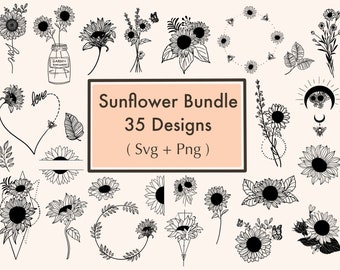 Pode incluir: Um conjunto de 35 ilustrações de girassóis em preto e branco, incluindo coroas, corações e designs geométricos. O texto "Sunflower Bundle 35 Designs (Svg + Png)" é exibido em um fundo pêssego.