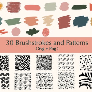 May include: A set of 30 digital brushstrokes and patterns in black and white, including leopard, zebra, bee, heart, star, rainbow, and planet designs. The text "30 Brushstrokes and Patterns (Svg + Png)" is displayed on a pink background.