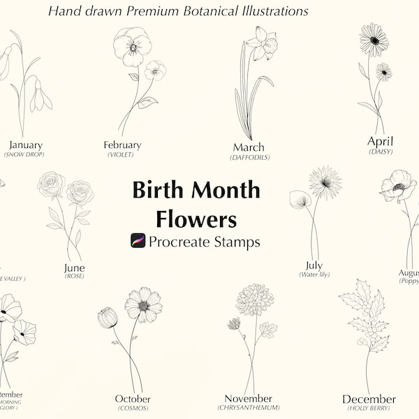 Procreate Birth Month Flower Stamps | Procreate Flowers | Procreate Brushset | Commercial use included