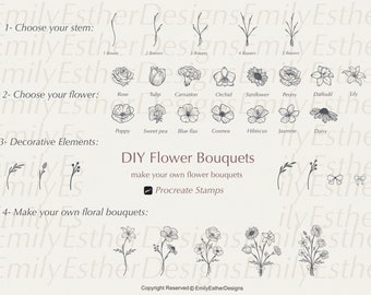 Procreate Flower Stamps | Flower Stamps | Procreate Brushes | Procreate Botanical | Procreate floral | Bouquet stamps | Procreate tattoo