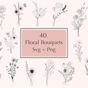 Pacote de 40 buquês florais svg, svg de flores, svg floral desenhado à mão, flores para cricut e silhueta, svgs de uso comercial, download instantâneo