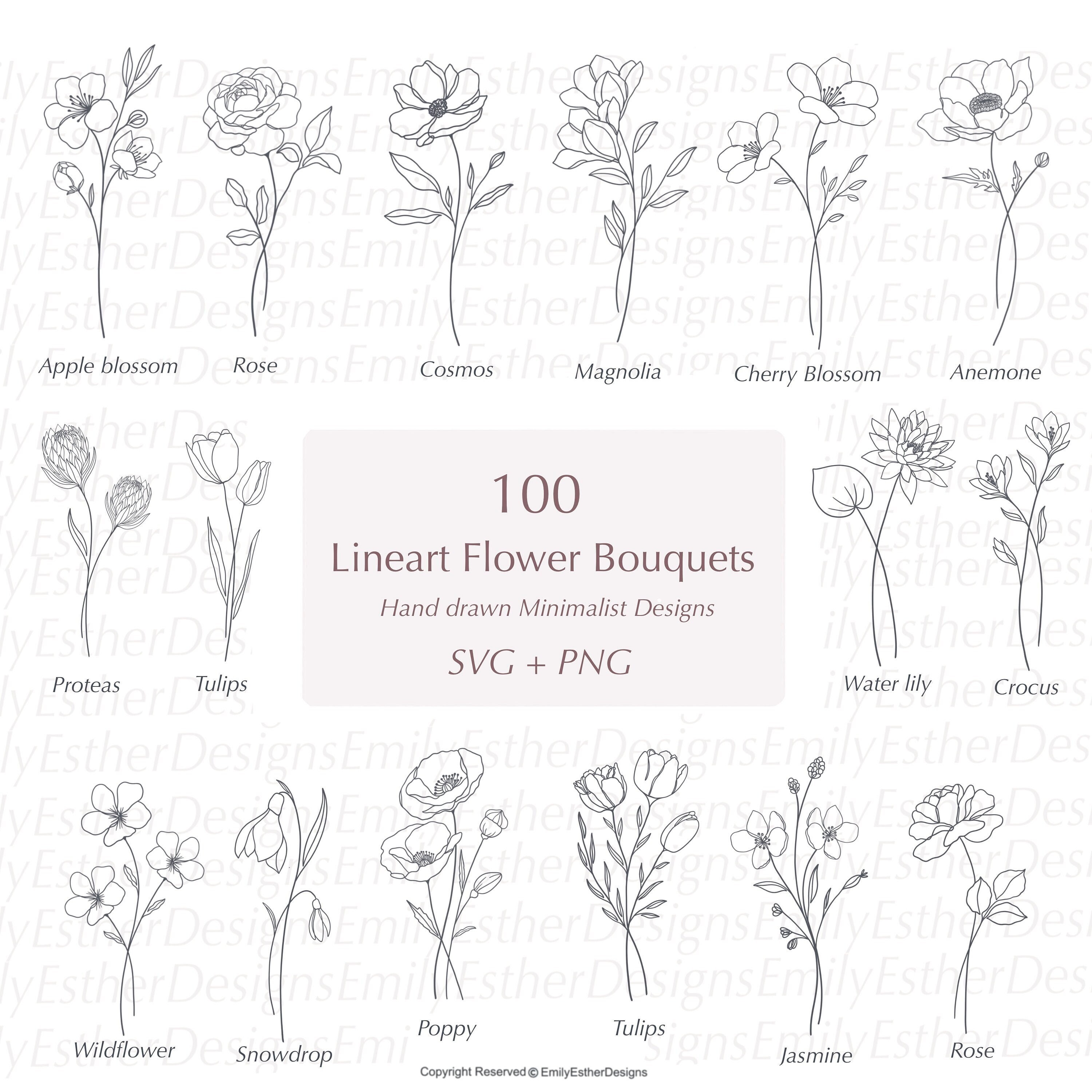 Line Art Flower Bouquets SVG Bundle, Floral, Botanical, Rose, Sunflower, and Bouquet SVGs, Cricut SVG Files