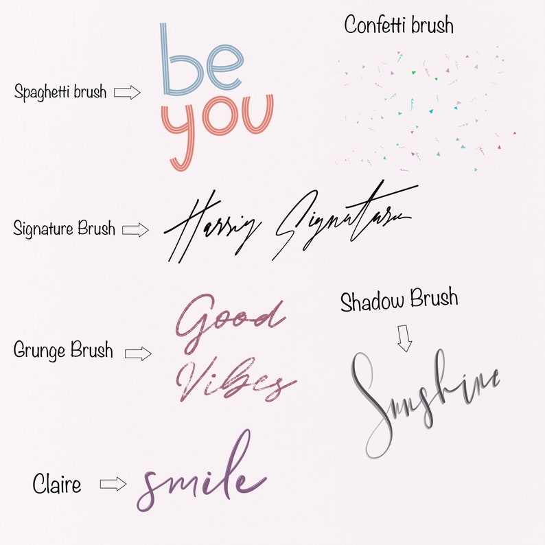 K&ouml;nnte beinhalten: Eine digitale Illustration, die verschiedene Pinselarten mit Textbeispielen zeigt. Die Pinselarten umfassen Spaghetti, Signatur, Grunge, Schatten und Konfetti. Die Textbeispiele umfassen "be you", "Herring Signature", "Good Vibes", "Sunshine" und "smile".